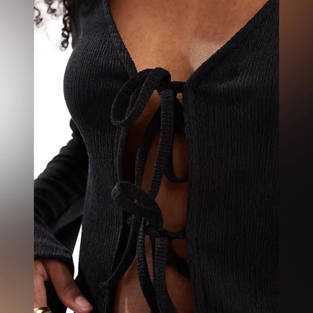 Free people Black lace up Tie Front Ribbed Top fitted sexy xs revolve sheath